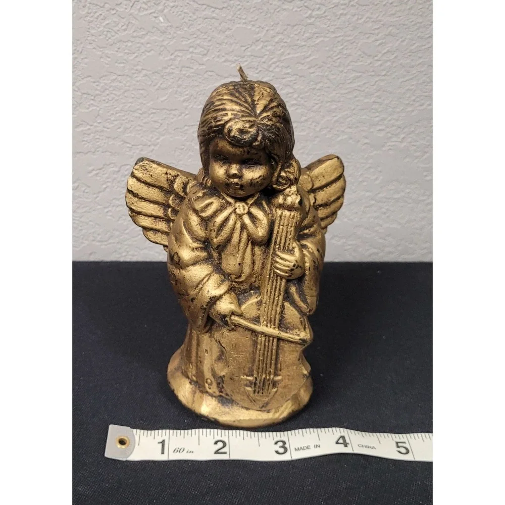 Angel Playing Cello Wax Candle Antique Gold Color 6 Inch Tall
